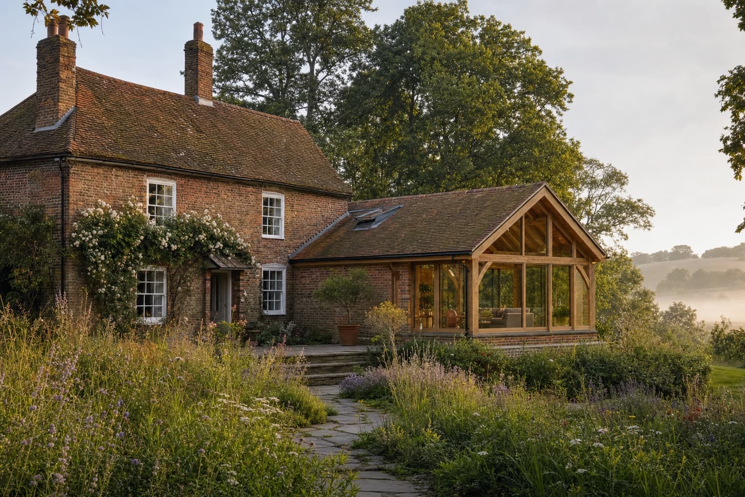 A Wealden farmhouse with an oak-framed rear extension, golden hour